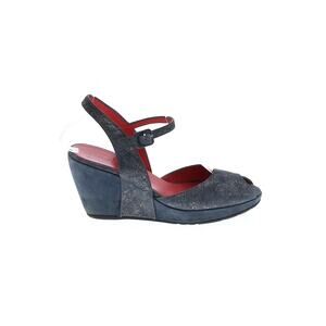 Pas De Rouge Heels Wedge D’orsay Peep Toe Open Sandals Suede Gray Blue Metallic